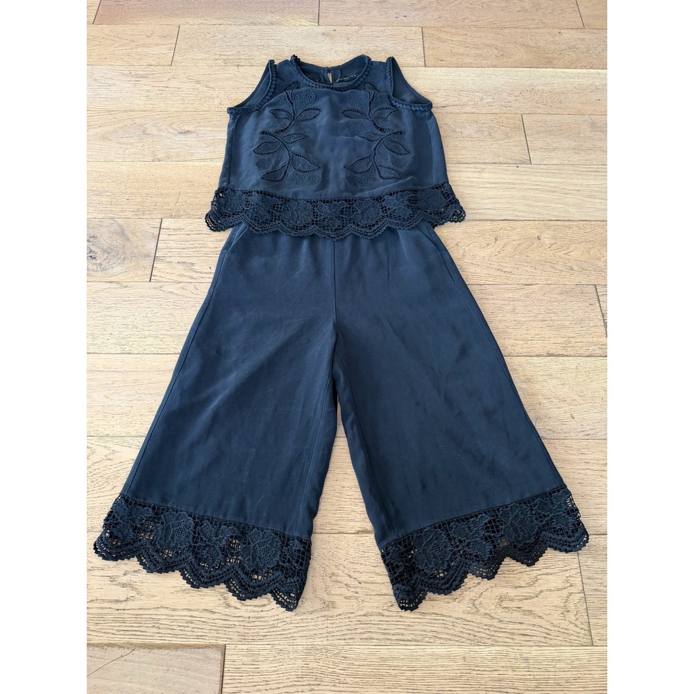 Kobi Halperin Black Lace Trim Embroidered Wide Leg Culotte‎ Jumpsuit XS (523)